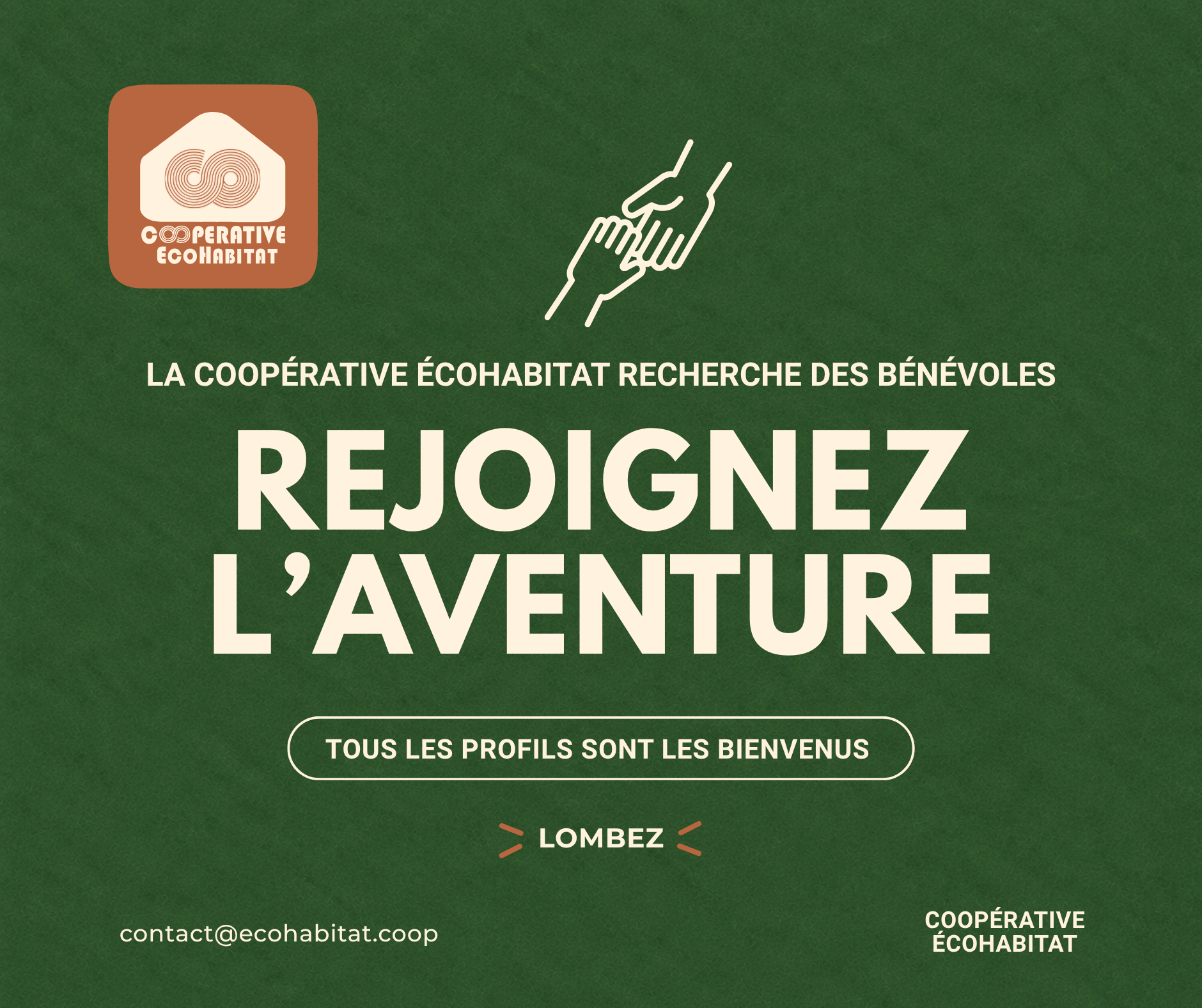 Affiche : la Coopérative ÉcoHabitat recherche des bénévoles à Lombez, « Rejoignez l’aventure »
